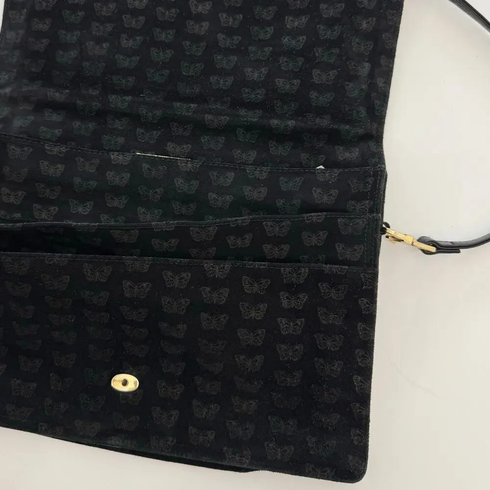 Bottega Veneta Vintage Suede Shoulder Bag Envelope Clutch Black Butterfly Print